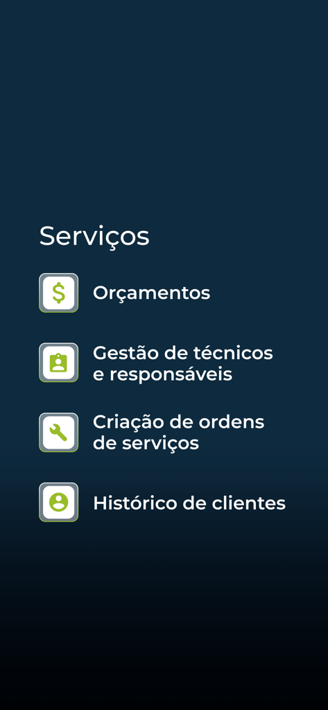 Screenshot of the VHSYS app services menu showing options for quotes technician management service orders and client history