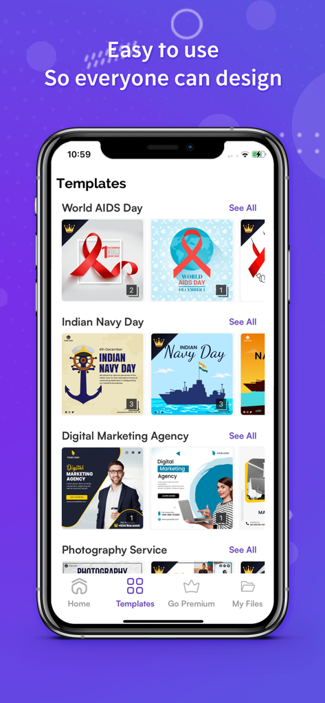 デジタルマーケティングやイベント向けのポスターメーカーアプリのさまざまなグラフィックデザインテンプレートを表示するスマートフォン。