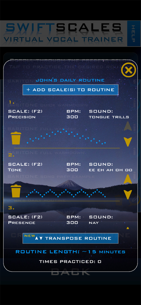 SWIFTSCALES Vocal Trainer - Custom vocal routine interface in SWIFTSCALES app showing scale patterns and tempo settings