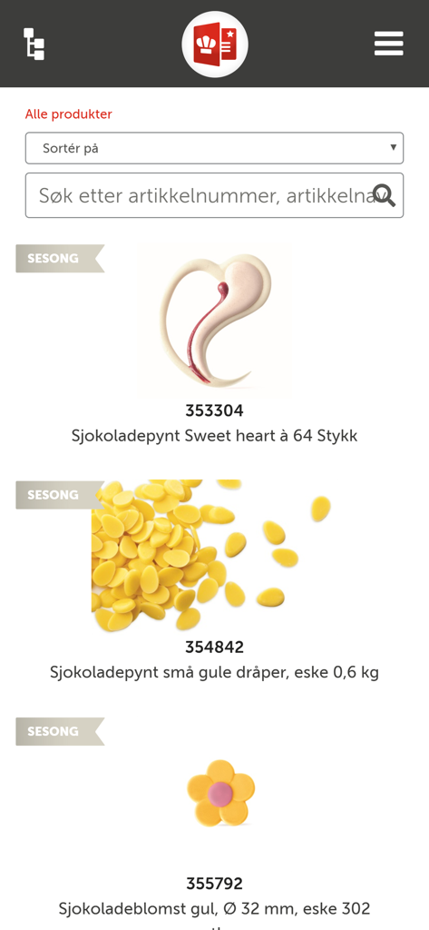 Kundeportal - Bakery product catalog interface in the Kundeportal app showing chocolate decorations and search bar