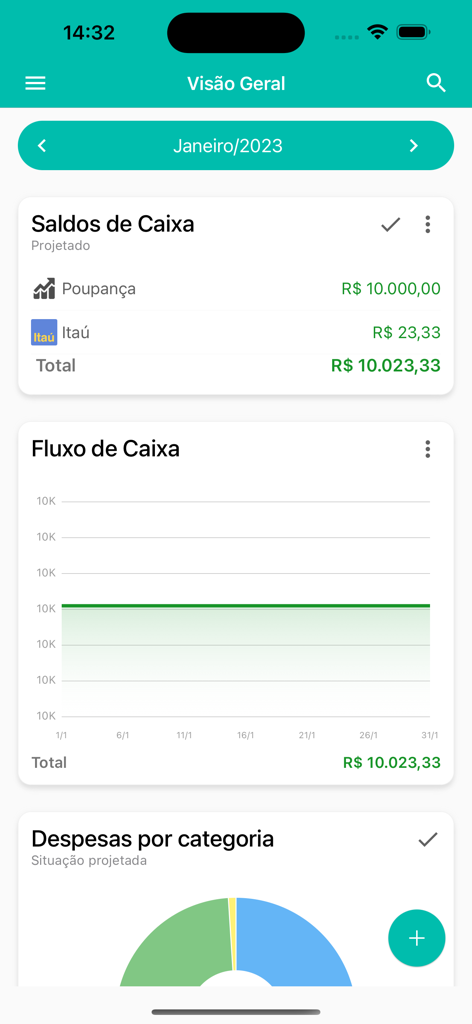 Panel de la aplicación Meu Dinheiro que muestra saldos en efectivo, gráficos de flujo de caja y categorización de gastos.