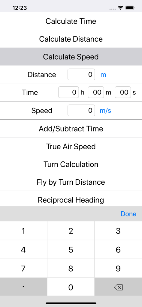 Speed calculation interface in the Flight Calculator app showing distance and time input fields with a numeric keypad