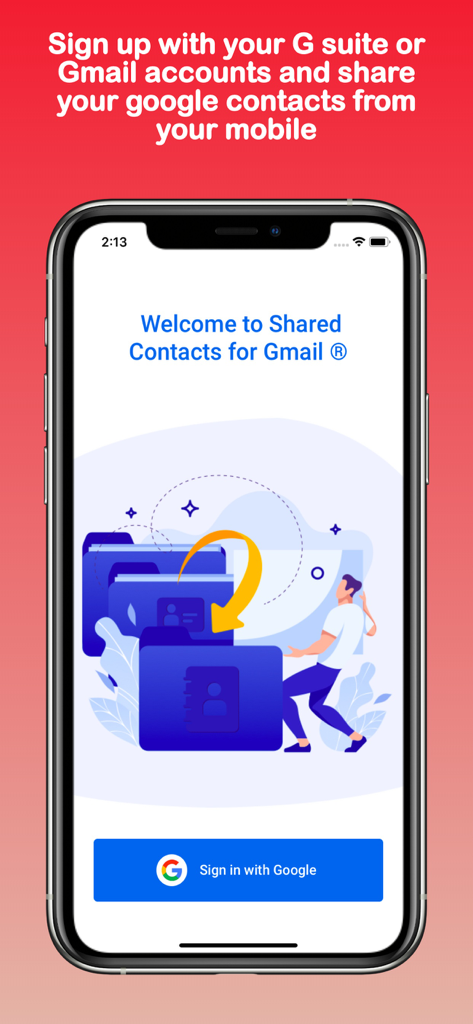 Login screen for the Shared Contacts for Gmail app featuring a sign in with Google button
