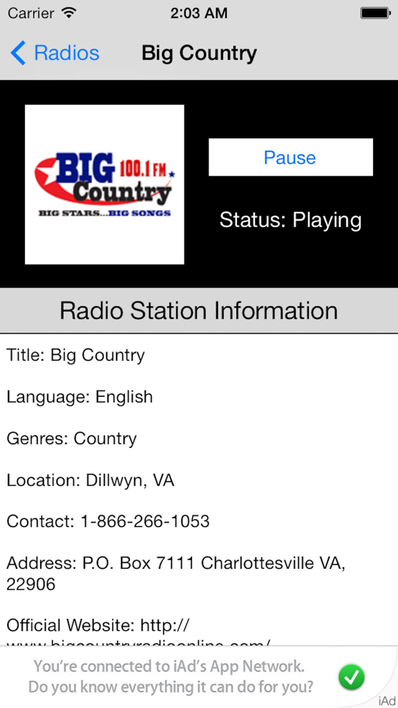 US Radio Live (United States of America USA) - Interface of the US Radio Live app displaying the Big Country radio station details including location and contact info