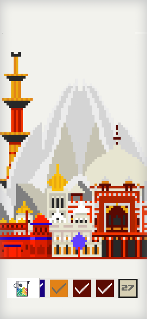 Pixel Land: color by number - A pixel art illustration of city landmarks in a color by number mobile app interface