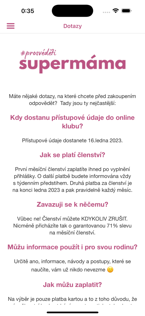 Supermáma - Frequently asked questions screen in the Supermama parenting app providing membership and payment information