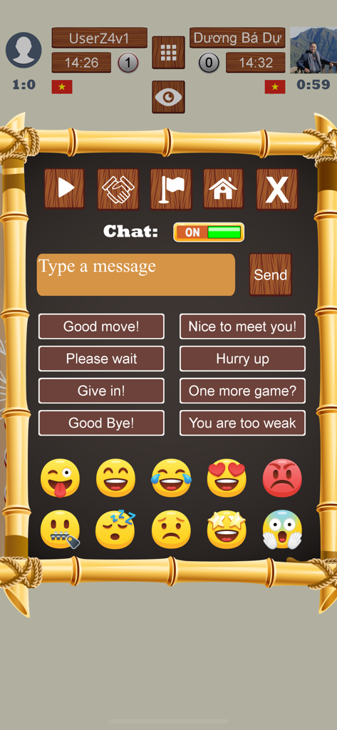 Chinese Chess Online - Xiangqi - In-game chat interface for Chinese Chess Online showing pre-defined messages and emojis.