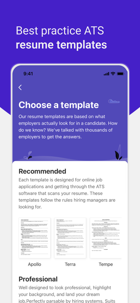 A selection of professional ATS friendly resume templates in the Resume Builder app interface