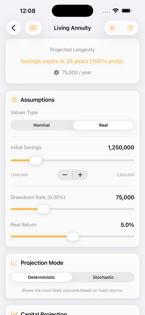 FinCalc mobile app interface for living annuity and retirement savings projections