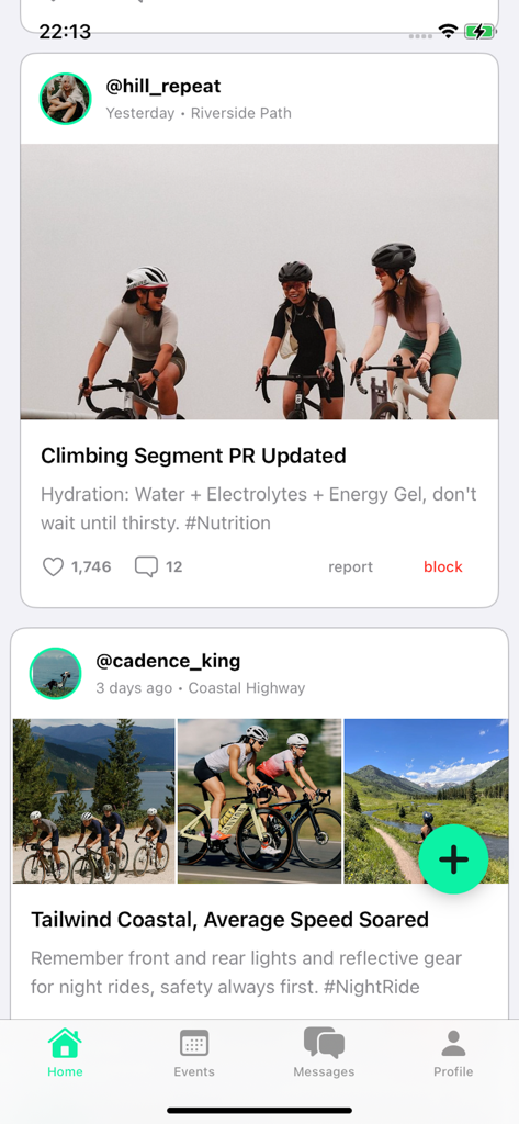 Yeka - Social feed of the Yeka cycling app displaying activity posts and photos from friends.