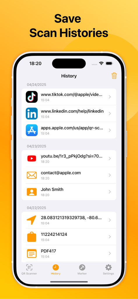 QR Code Scanner: QR Reader - Interfaz de la aplicación que muestra una lista de escaneos de códigos QR y de barras guardados, organizados por fecha.