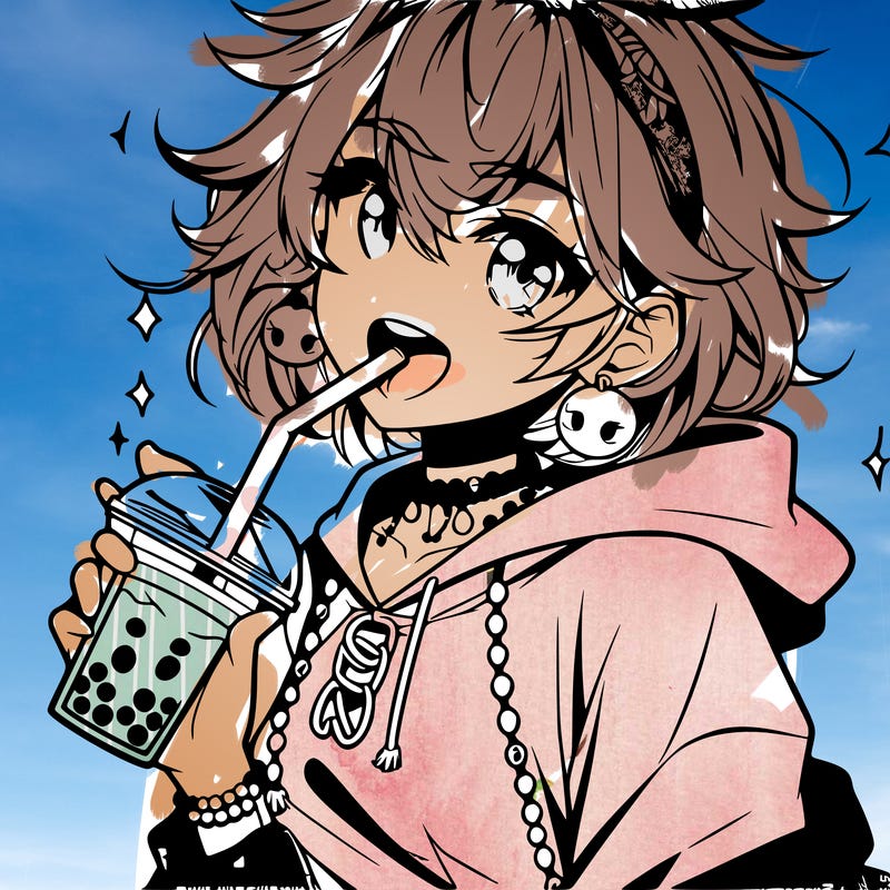 hot baddie anime girl drinking boba and biting the straw
