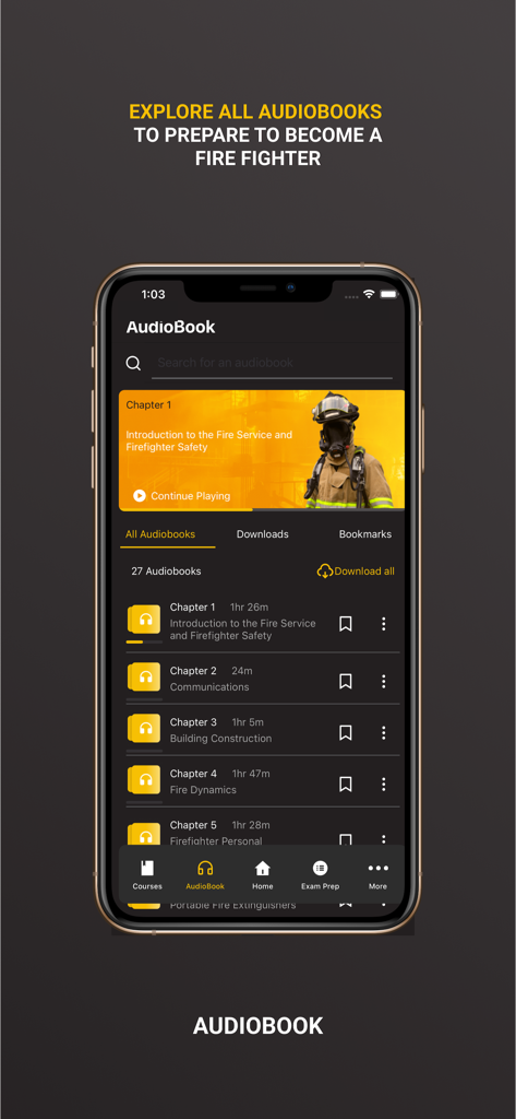 IFSTA Essentials 7 - Interface of the IFSTA Essentials 7 app showing the list of firefighter training audiobooks.