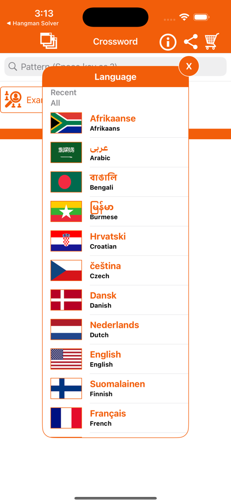 Language selection menu in the Crossword Solver app showing flags for various languages including English, French, and Arabic.
