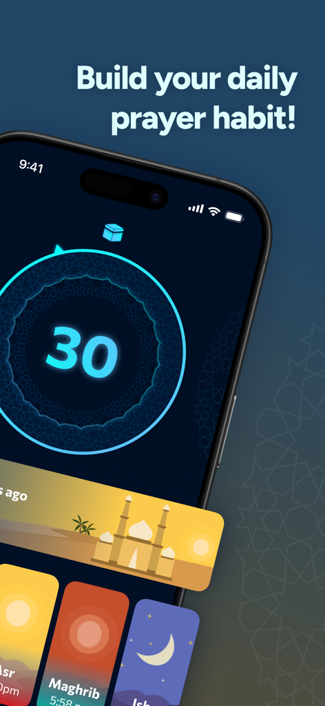 Just Pray: Track Muslim Prayer - A interface minimalista do aplicativo Just Pray com um rastreador de hábitos circular e cartões para as orações Maghrib e Asr