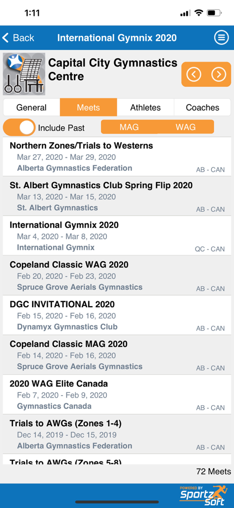 A screen from the LiveMeet app showing a chronological list of gymnastics competition meets with dates and locations
