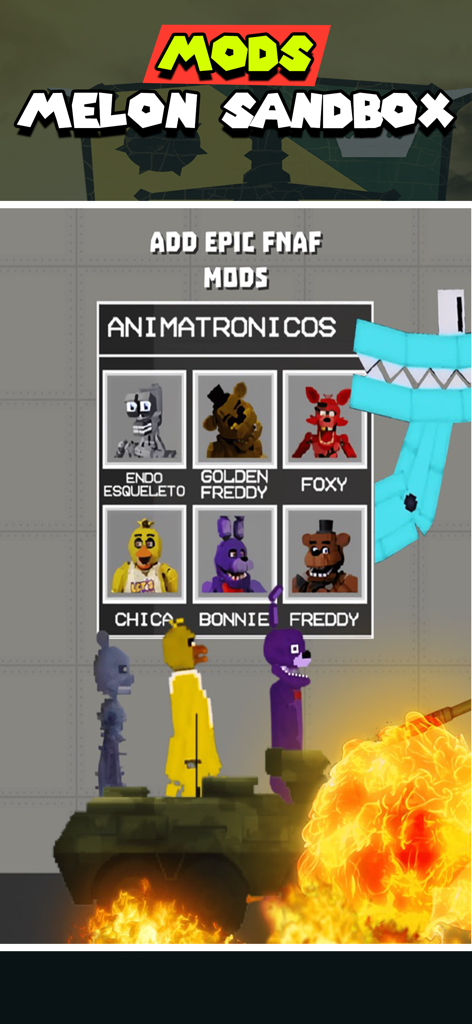 멜론 샌드박스 게임 플레이를 위한 Five Nights at Freddys 애니매트로닉 캐릭터 및 FNAF 모드