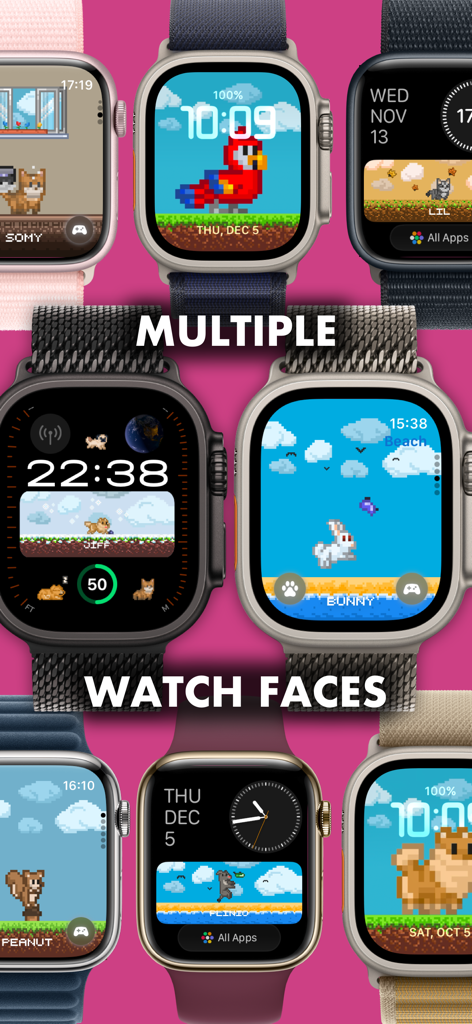 Pex: Watch face & Pet AI - A collection of Apple Watch faces displaying various pixel art pets like rabbits, parrots, and squirrels