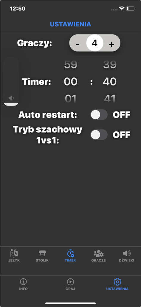 TTL PRO Timer App - Einstellungen der TTL PRO Timer App, die Konfigurationsoptionen für Spieleranzahl und Zugdauer anzeigen.
