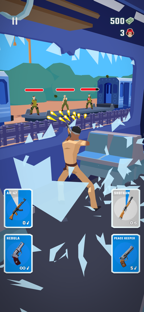 Agent Action - Spy Shooter - Captura de tela do jogo Agent Action mostrando um personagem atirando pela janela de um trem em inimigos em uma plataforma com cartões de seleção de armas na parte inferior.