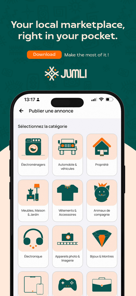 Jumli - Buy. Sell. Simple. - Jumli app interface displaying a variety of product categories including vehicles, real estate, and electronics for the African market.