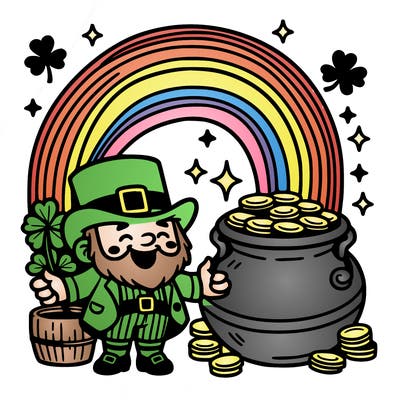 st patrick day with rainbow and gold with leprechaun