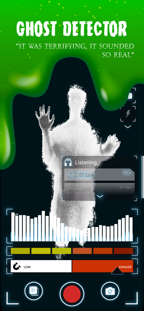 Oberfläche der Ghost Detector App, die eine geisterhafte weiße Figur mit paranormalen Frequenzmessern und Kommunikationsprotokollen zeigt