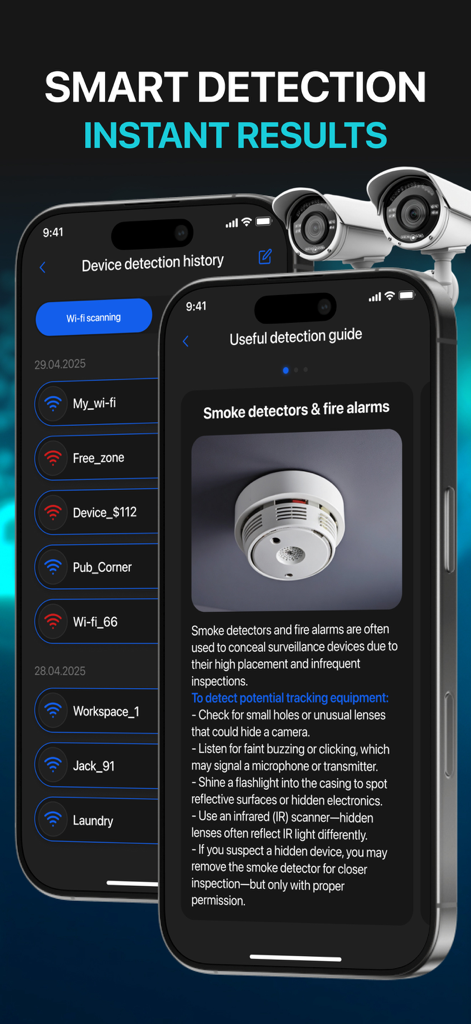 App interface showing a guide to detect hidden cameras in smoke detectors and a device scan history