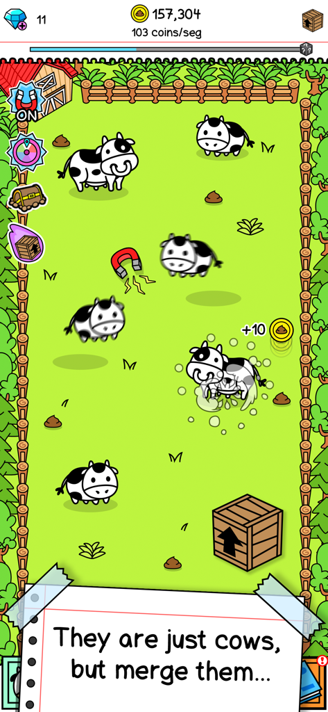 Gameplay of Cow Evolution showing cows merging on a cartoon farm field.