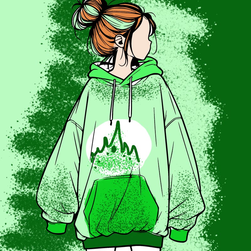 realistic girl with a oversized sweatshirt on and a bun