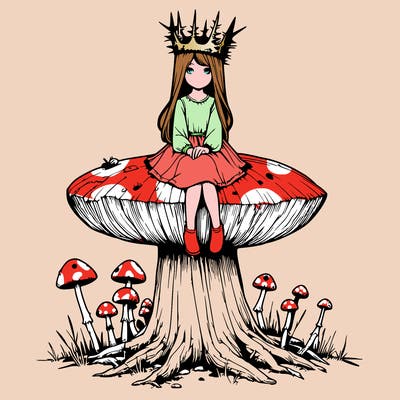realistic girl sitting on a huge tree stump size toadstool with thorn crown