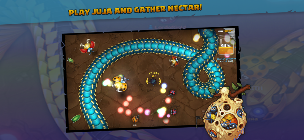 Little Big Snake gameplay showing a large blue snake collecting nectar in the arena.