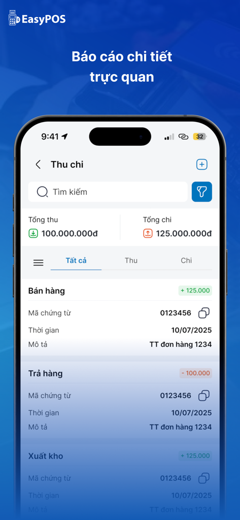 Easy Pos - Interface detalhada de relatório de receitas e despesas no aplicativo móvel Easy Pos