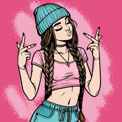 realistic teenage girl with braids and a beanie and crop top doing 🫶🏼