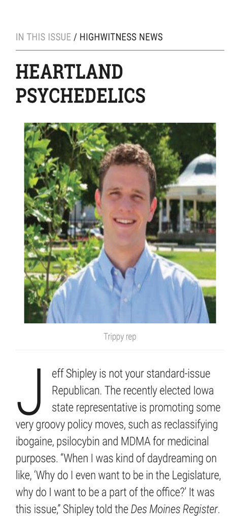 High Times Magazine article about Heartland Psychedelics featuring Iowa state representative Jeff Shipley
