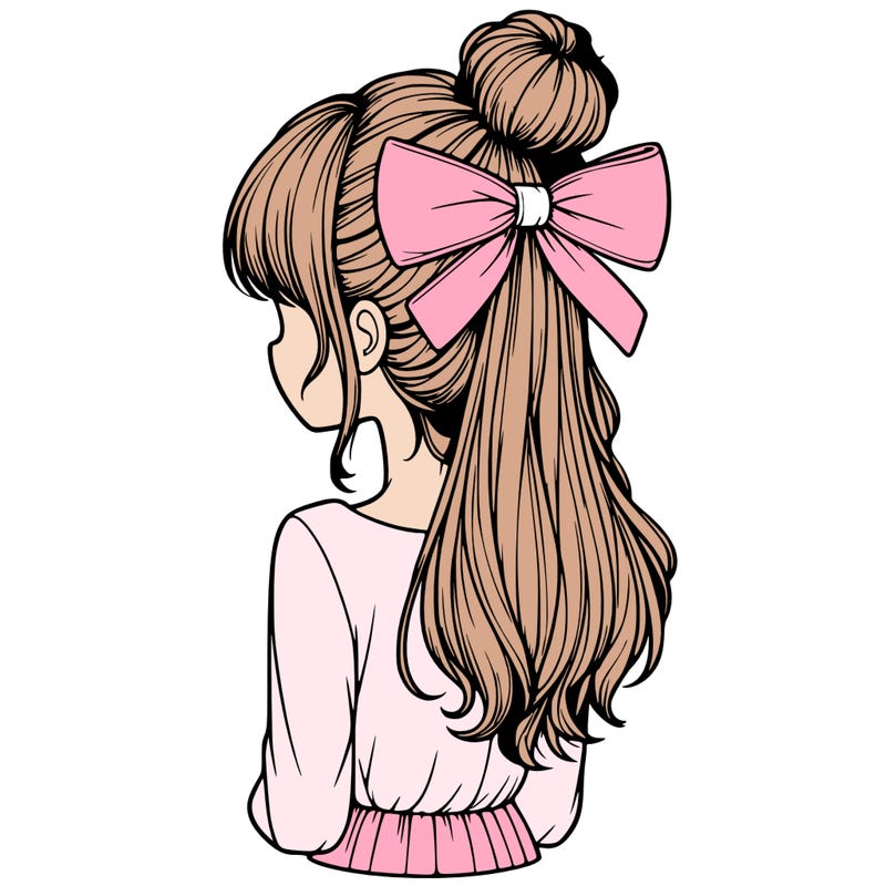 realistic girl  with hip length hair a bun and a big bow on the back of head