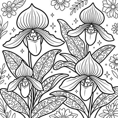 Dive into the vibrant world of Paphiopedilum Orchids with this charming coloring page designed especially for kids. It features beautiful Slipper Orchids, ready for a burst of color and creativity.