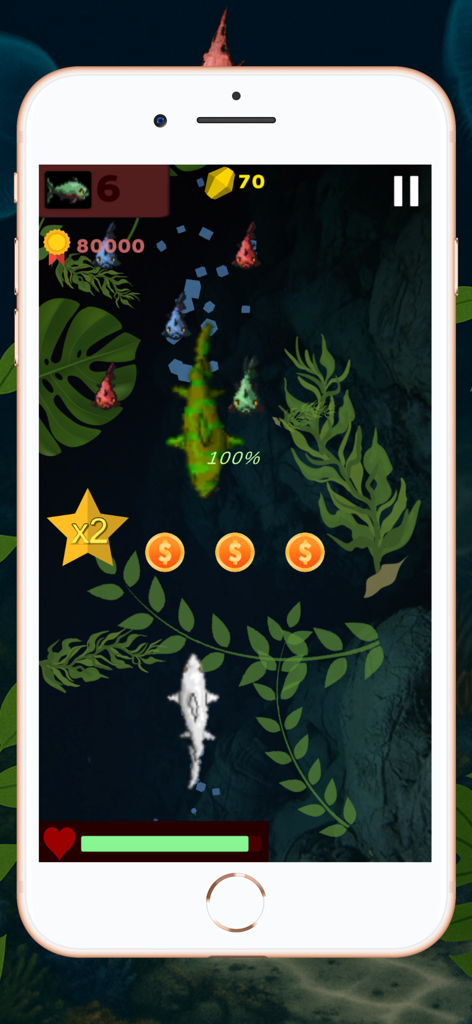 Shark World gameplay showing a shark collecting coins and stars in an underwater level.