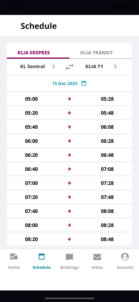Horario de trenes de KLIA Ekspres que muestra las horas de salida y llegada entre KL Sentral y el aeropuerto