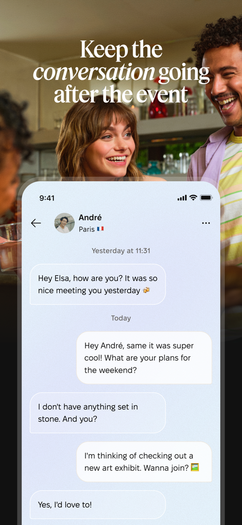 Chat screen in the Timeleft app showing two people staying in touch after a dinner event