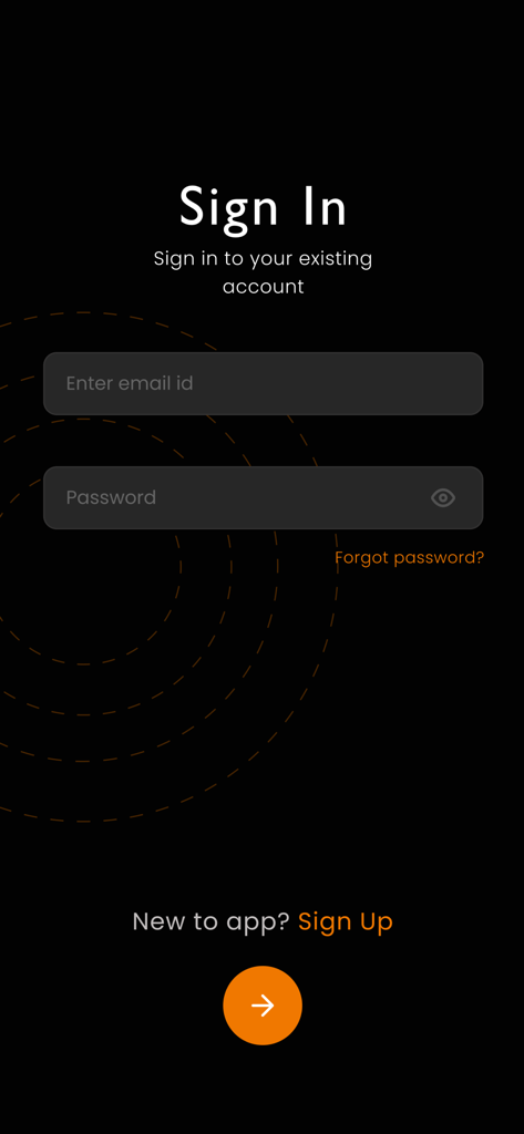 Holla App Me - A interface de login do aplicativo móvel Holla App Me com campos para e-mail e senha em um fundo escuro com detalhes em laranja.