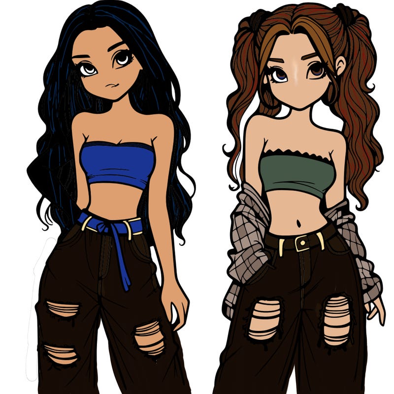 2 girls in crop tops and baggy jeans ripped