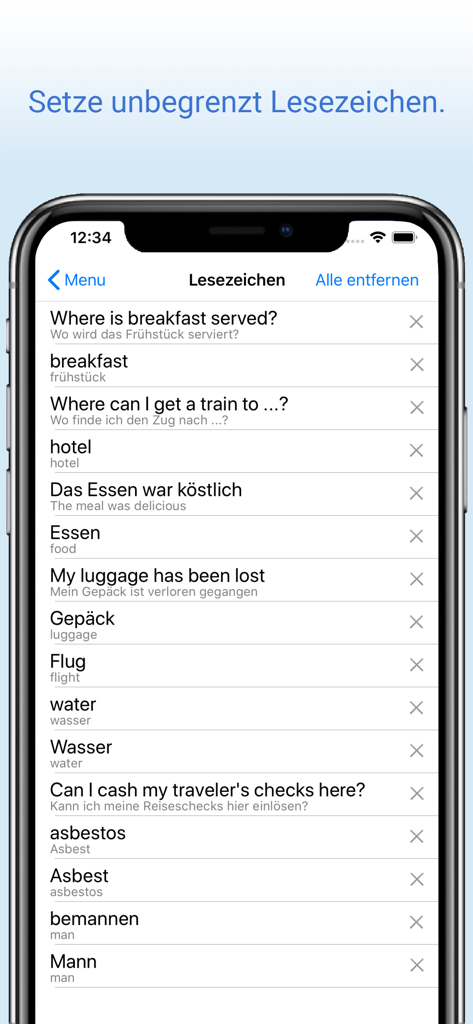Deutsch-Englisch Wörterbuch. - Bookmarks screen of the Deutsch-Englisch dictionary app showing saved phrases and translations