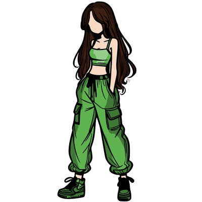 girl in baggy pants crop top and long hair