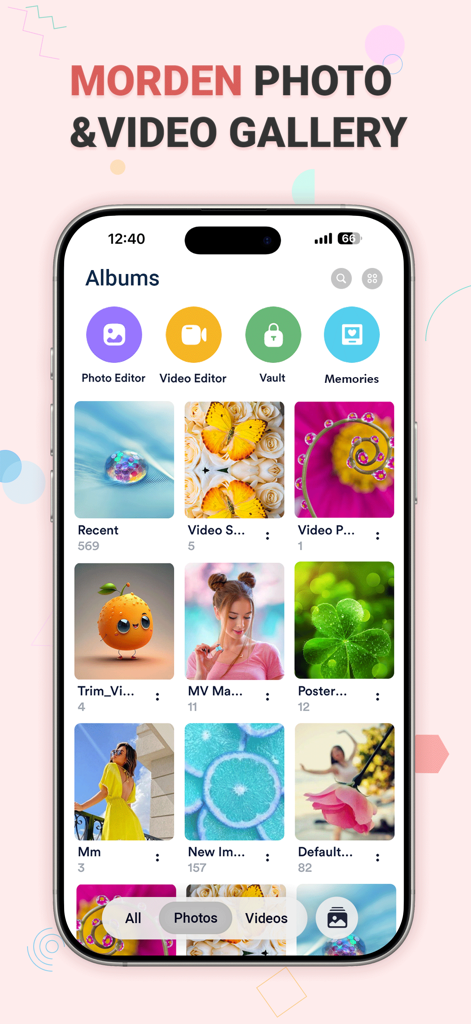 Photo Gallery - Gallery Lock - Interfaz de la aplicación Photo Gallery mostrando álbumes de fotos organizados y accesos directos para edición de fotos, edición de video y una bóveda secreta.