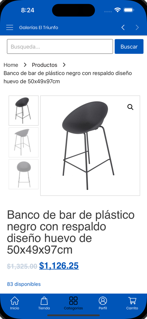 Galerías el Triunfo - Página de producto de un taburete de bar negro en la aplicación Galerías el Triunfo