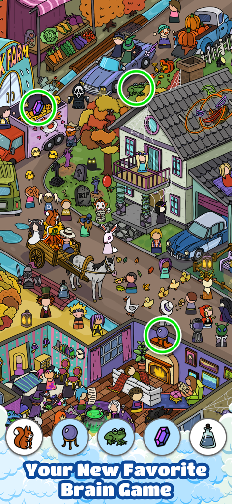 Scavenger Hunt－Hidden objects! - Jugabilidad de Búsqueda del Tesoro mostrando un mapa de dibujos animados colorido con objetos ocultos resaltados en círculos verdes
