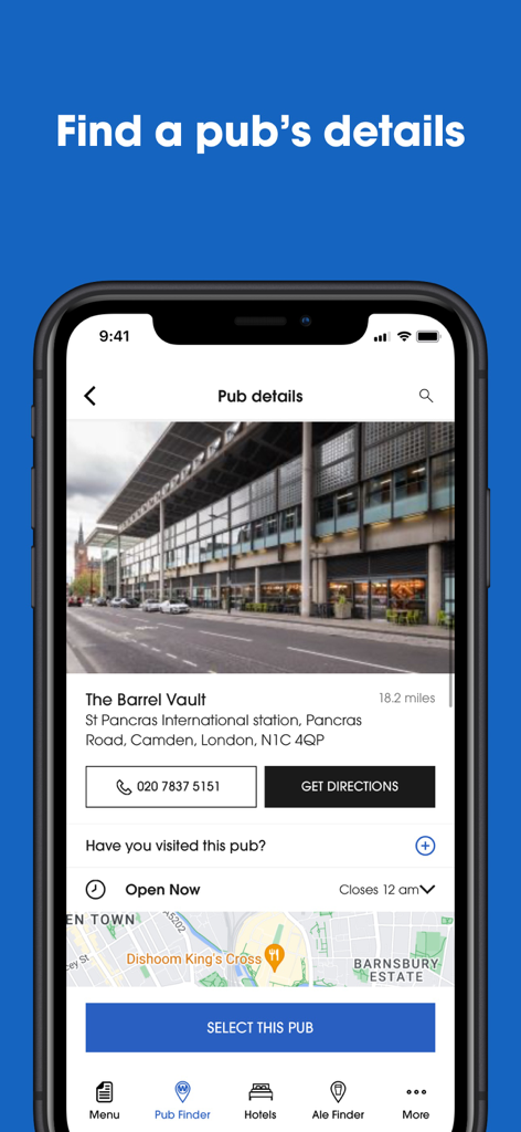 Wetherspoon - Mobile screen of the Wetherspoon app showing details for a specific pub location including address and directions
