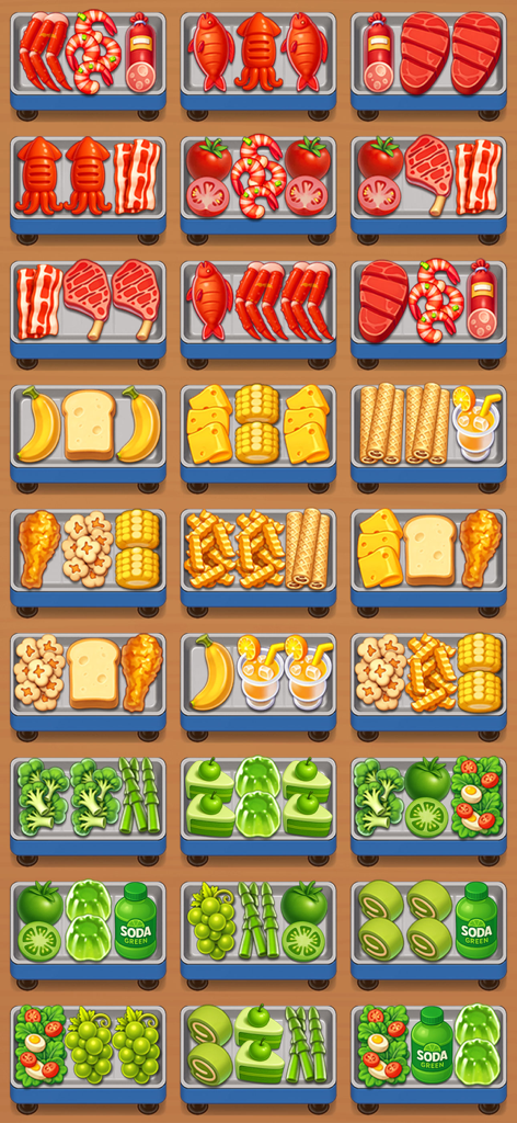 Colorful food items arranged on trays in a sorting puzzle game grid
