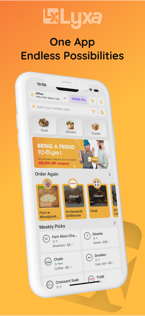 Écran d'accueil de l'application Lyxa montrant les options de nourriture, d'épicerie et de coursier
